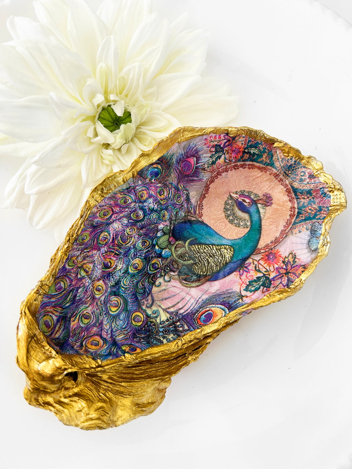 Ornate Colorful Peacock Large Oyster Shell