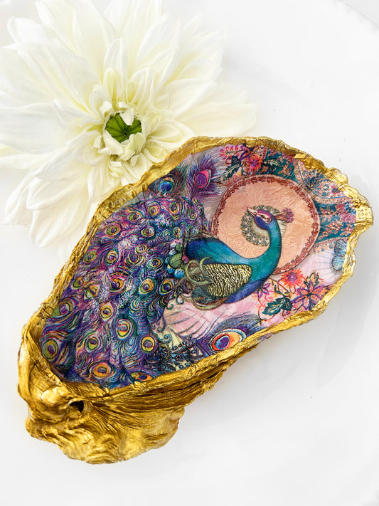 Ornate Colorful Peacock Large Oyster Shell