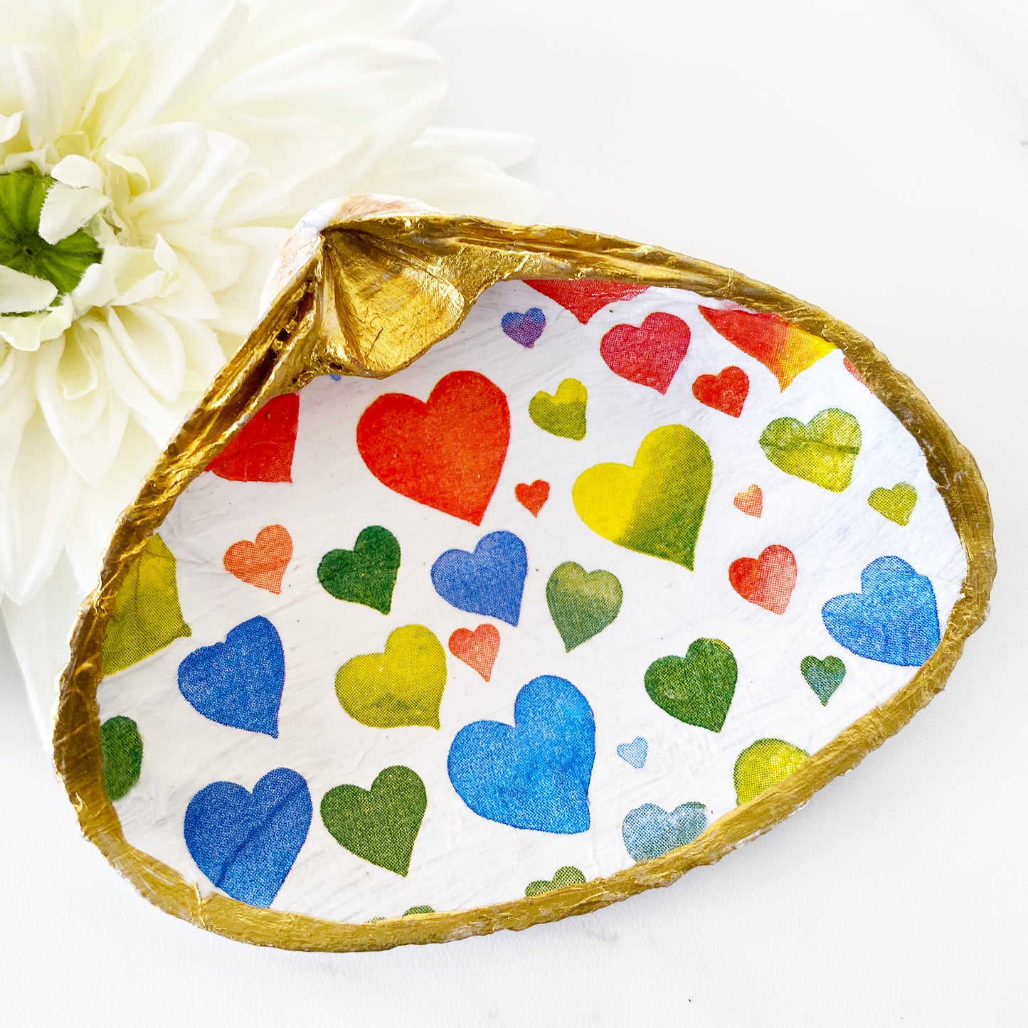 Rainbow Heart Decoupage Clam Shell Trinket Ring Dish