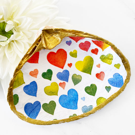 Rainbow Heart Decoupage Clam Shell Trinket Ring Dish