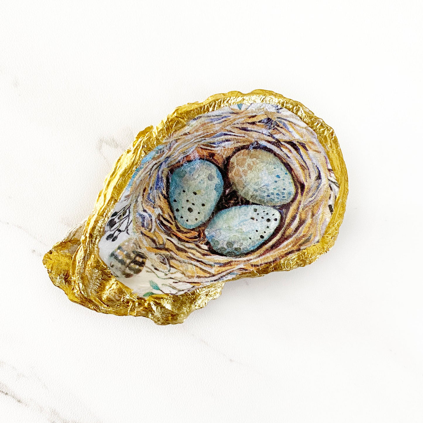 Robin's Egg Decoupage Oyster Shell Trinket Ring Dish