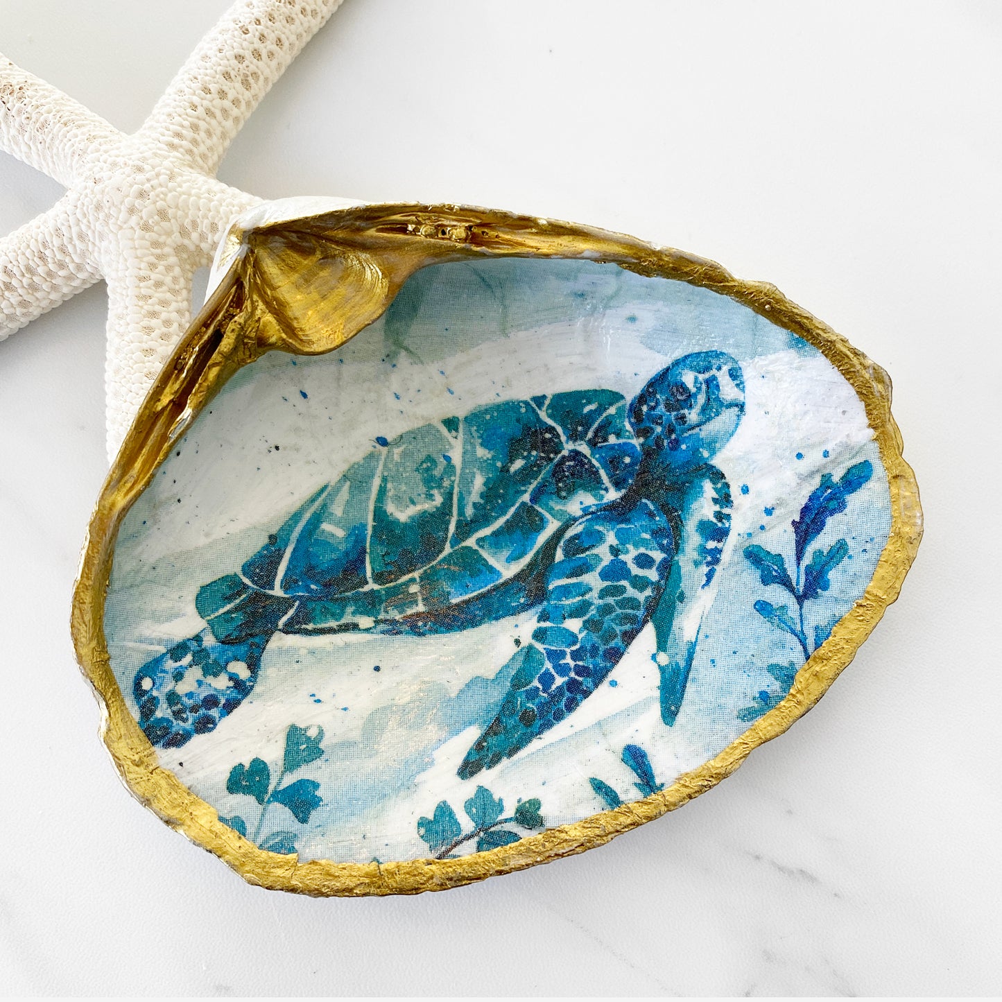 Sea Turtle Decoupage Clam Shell Trinket Dish