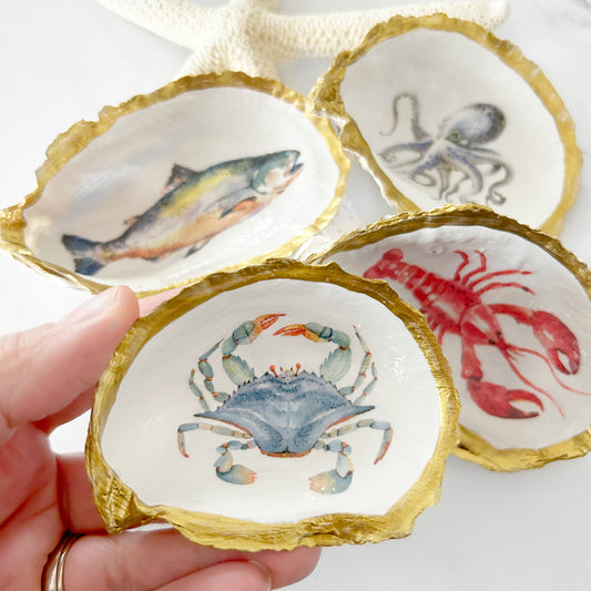 Sea Life Crab, Lobster, Octopus, Fish Decoupage Oyster Shell Trinket
