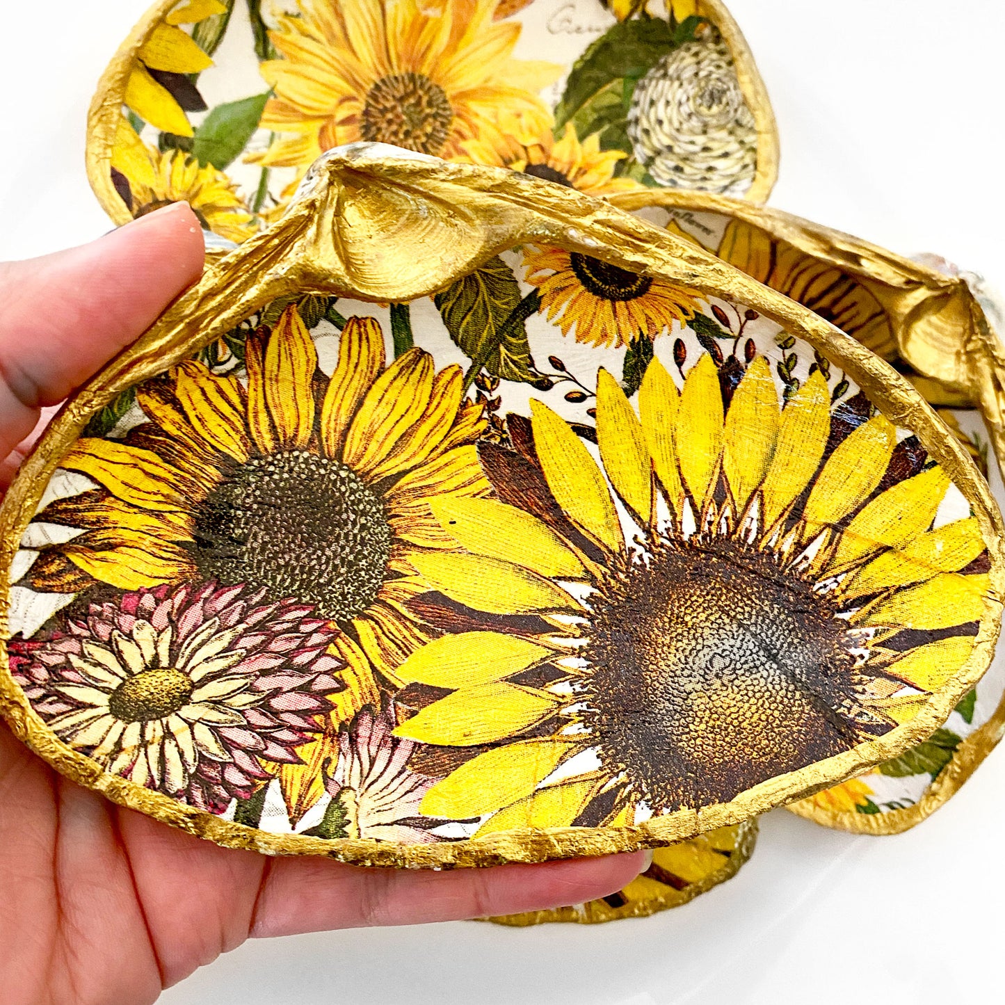 Yellow Sunflower Decoupage Clam Shell Trinket Ring Dish