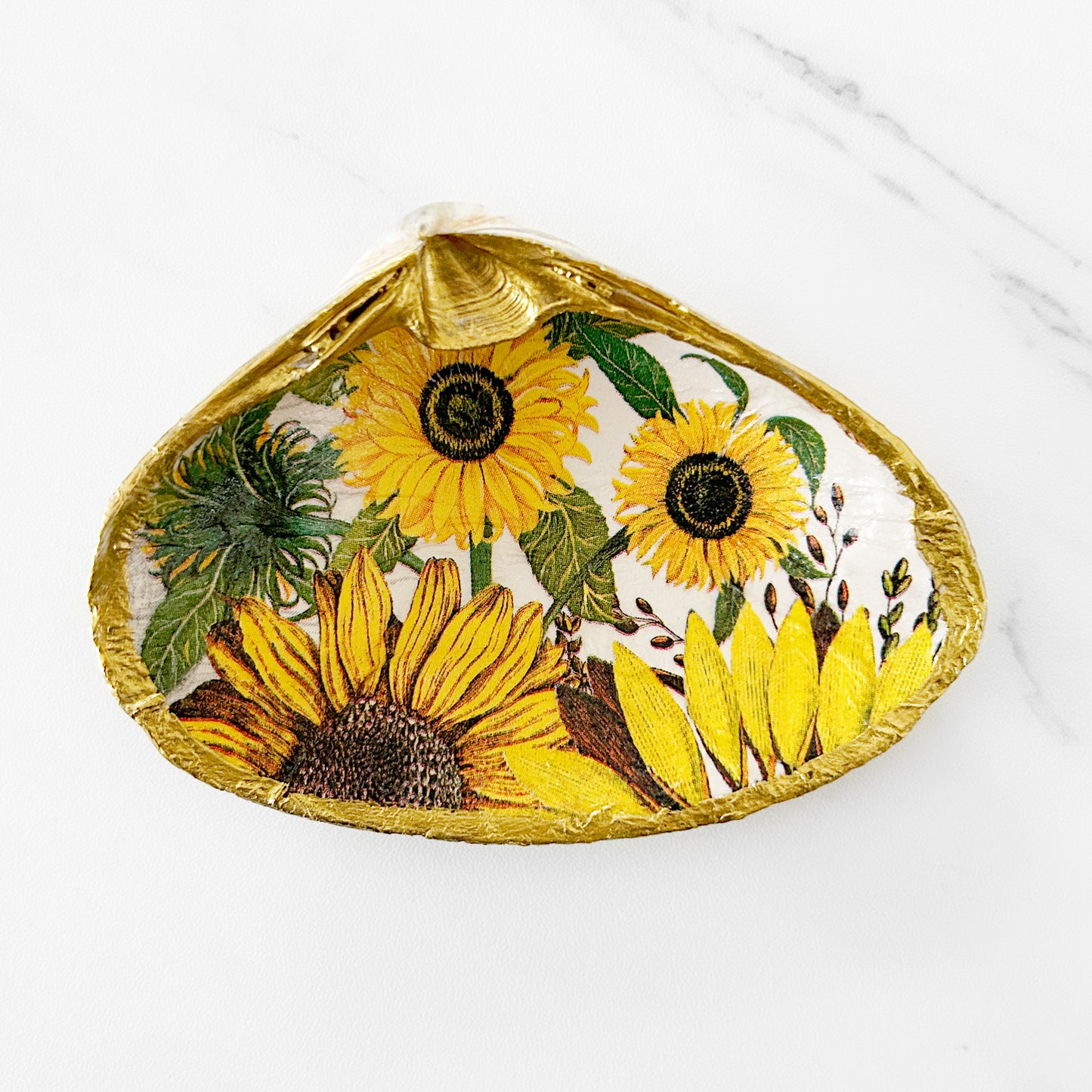 Yellow Sunflower Decoupage Clam Shell Trinket Ring Dish