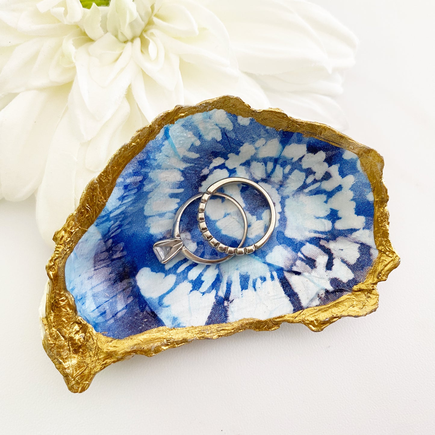 Blue Tie Dye Decoupage Oyster Shell Trinket Ring Dish