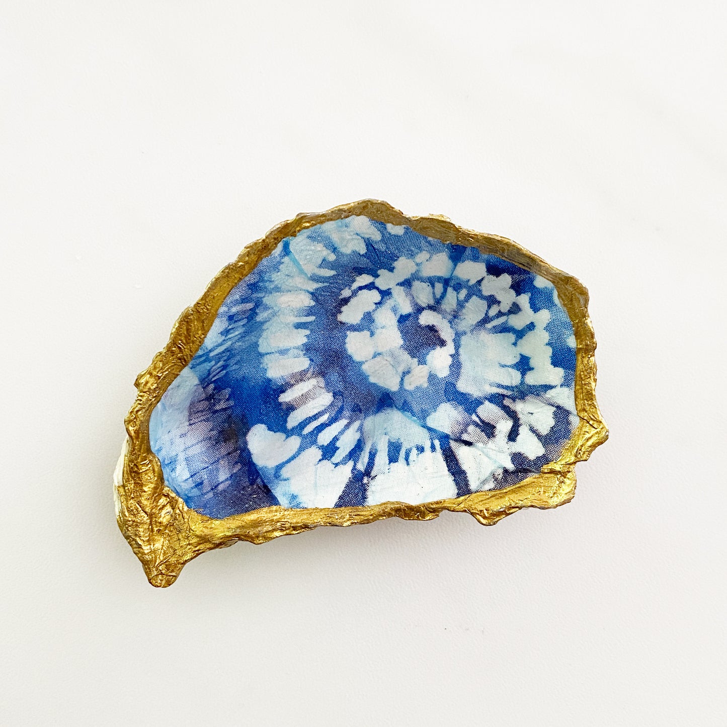 Blue Tie Dye Decoupage Oyster Shell Trinket Ring Dish