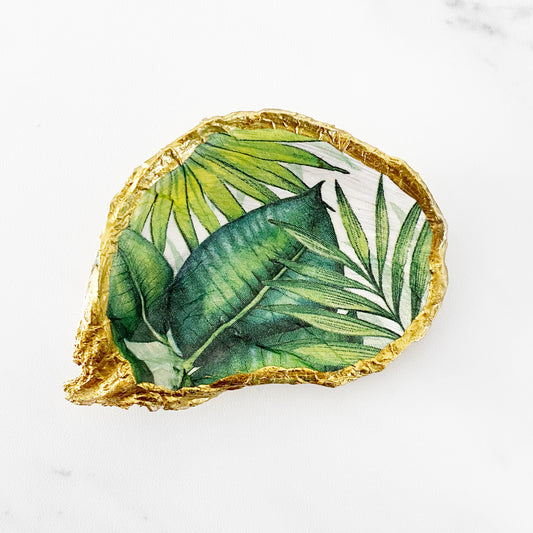 Tropical Leaves Oyster Shell Trinket Ring Dish