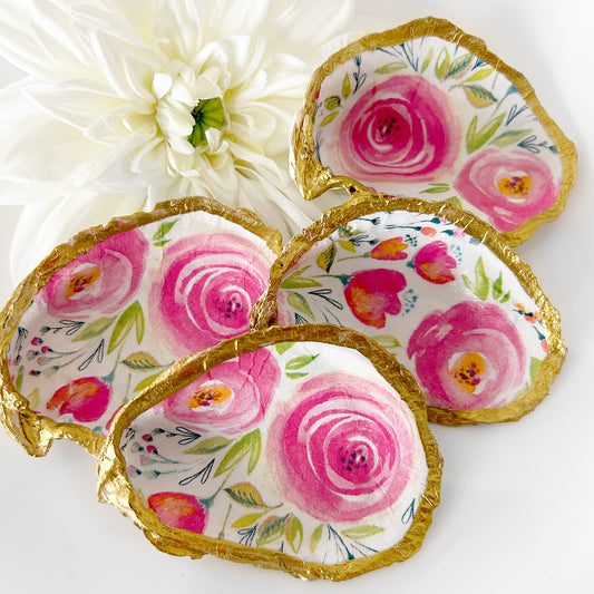 Watercolor Roses Decoupage Oyster Shell Trinket Ring Dish