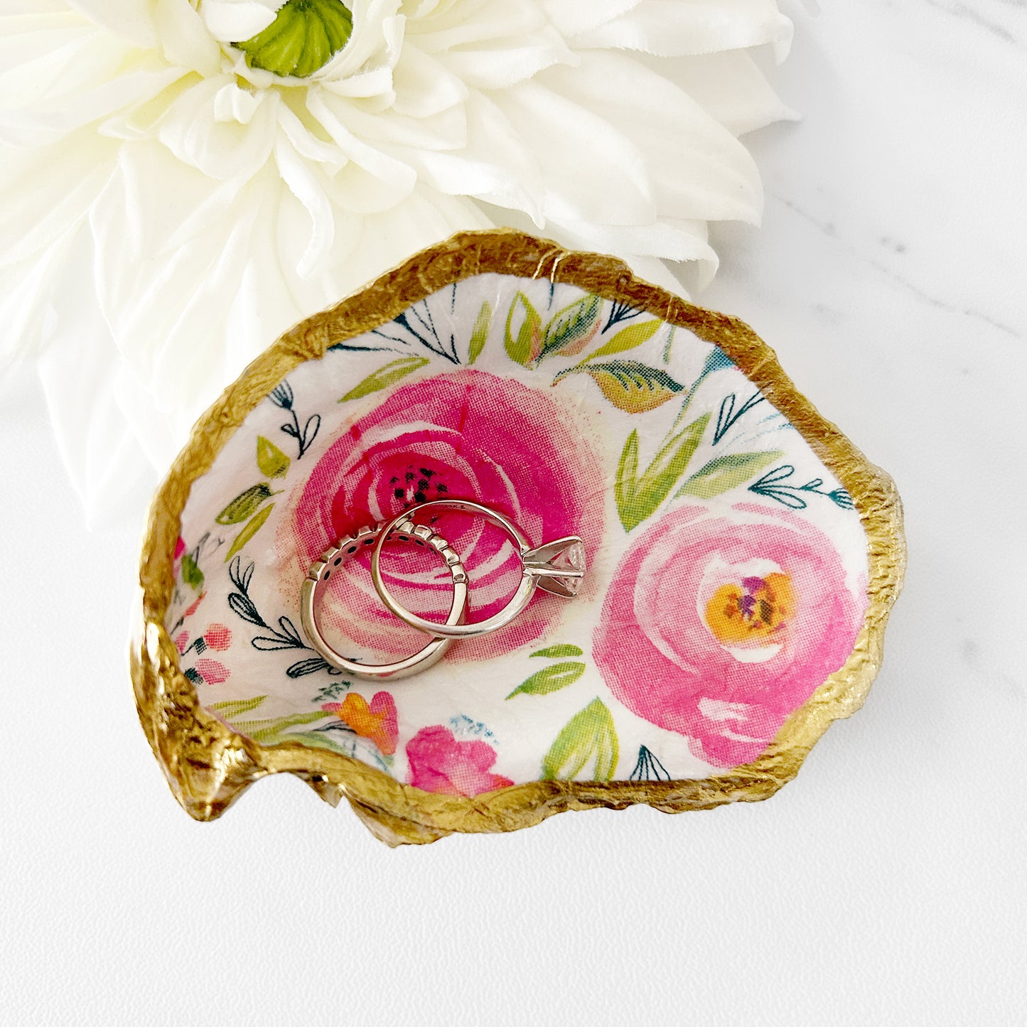 Watercolor Roses Decoupage Oyster Shell Trinket Ring Dish