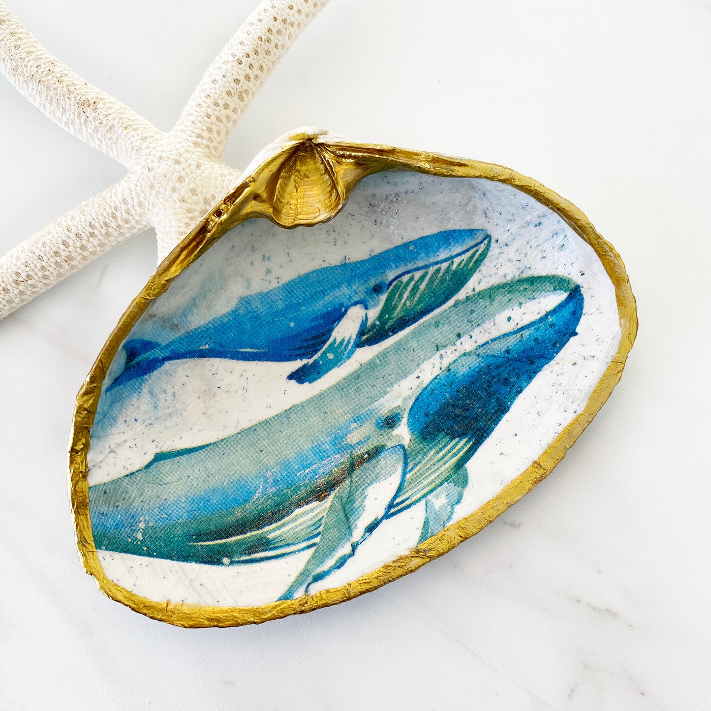 Blue Whale Decoupage Clam Shell Trinket Dish