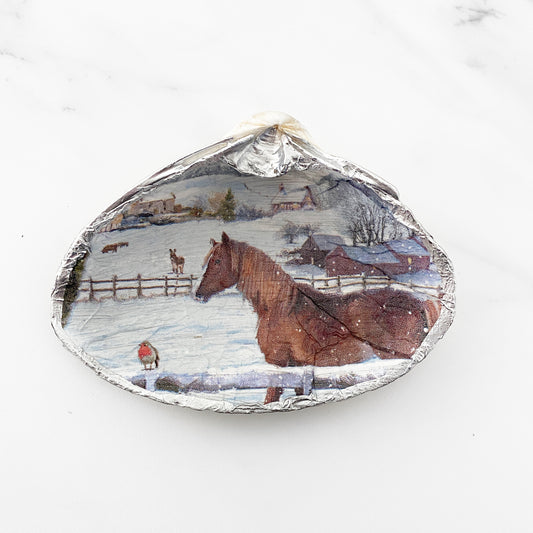 Winter Horse Decoupage Clam Shell Trinket Dish